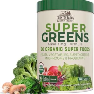 COUNTRY FARMS Super Greens Natural Flavor, 50 Organic Super Foods, Packed with Fiber, USDA Organic Drink Mix, Fruits, Vegetables, Super Greens, Mushrooms & Probiotics, Supports Energy, 6g Fiber
