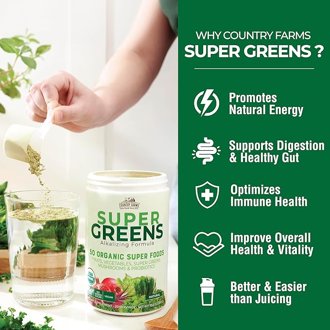 COUNTRY FARMS Super Greens Natural Flavor, 50 Organic Super Foods, Packed with Fiber, USDA Organic Drink Mix, Fruits, Vegetables, Super Greens, Mushrooms & Probiotics, Supports Energy, 6g Fiber - Image 2