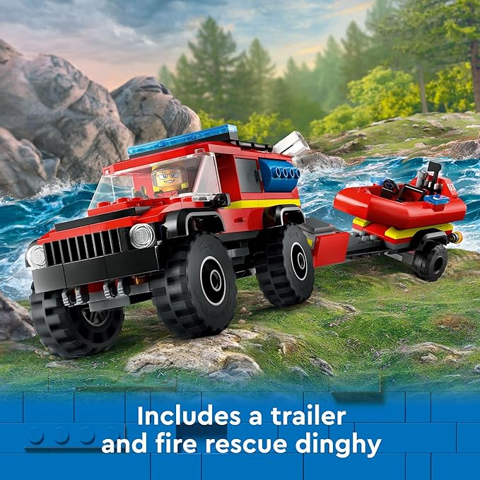 LEGO City 4x4 Fire Truck with Rescue Boat Toy for Kids Ages 5 and Up, Pretend Play Toy for Boys and Girls with a Truck Toy, Trailer, Dinghy and Tent, Plus 1 Camper and 2 Firefighter Minifigures, 60412 - Image 2